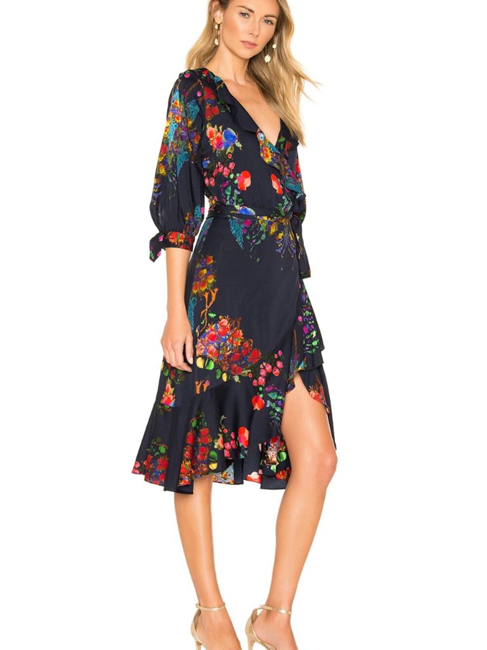 Cynthia Rowley Dark Forest Roseland Printed Ruffle Wrap Dress 10 57179